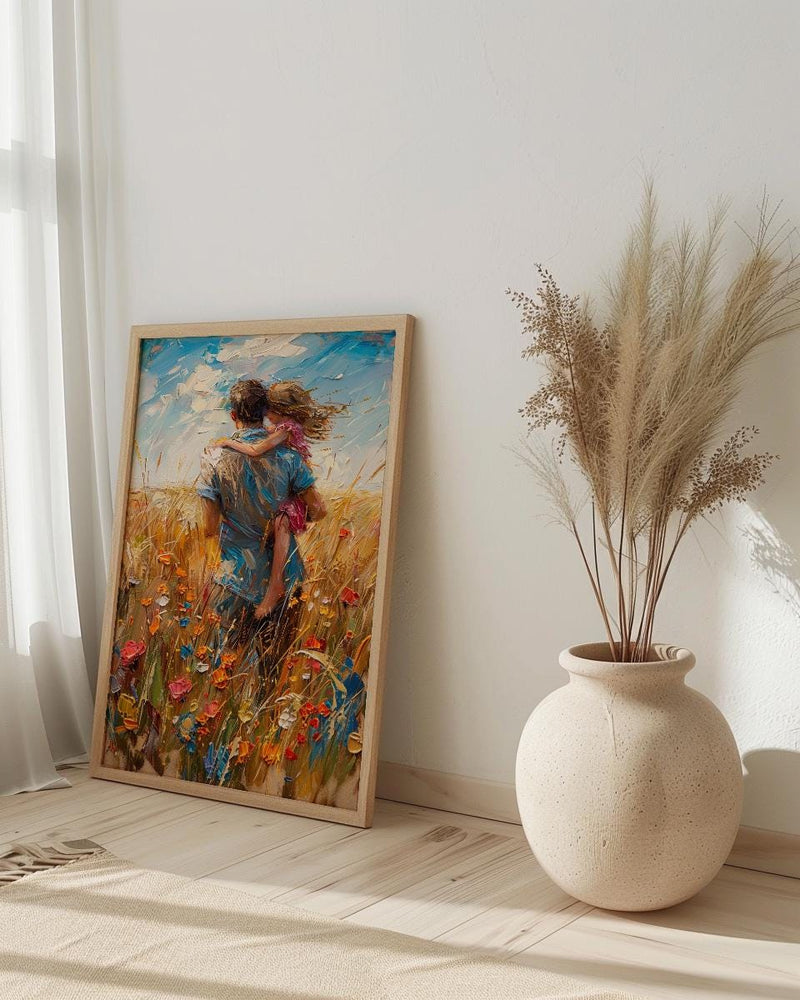 Father Piggyback Ride Art Print, Summer Field Decor - Joyful Family Poster