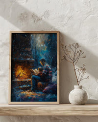 Father Reading Book Wall Art, Cozy Fireplace Decor - Family Storytime Print