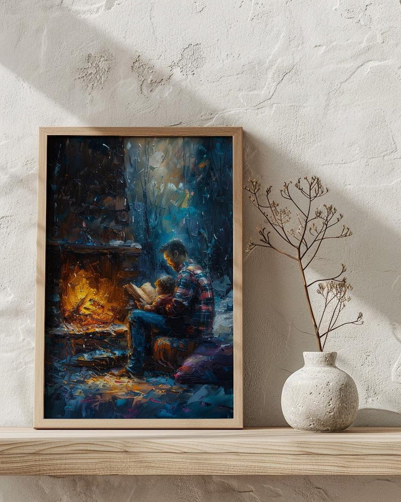 Father Reading Book Wall Art, Cozy Fireplace Decor - Family Storytime Print