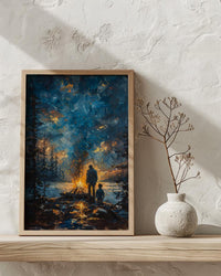 Father And Son Campfire Poster, Twilight Forest Decor - Outdoor Adventure Art