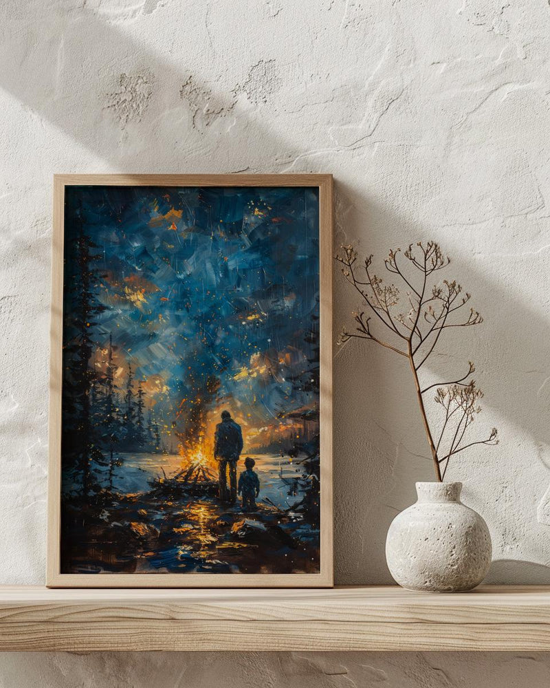 Father And Son Campfire Poster, Twilight Forest Decor - Outdoor Adventure Art