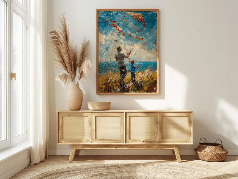 Flying A Kite Poster, Father And Son Decor - Windy Day Landscape Art
