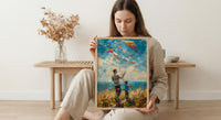 Flying A Kite Poster, Father And Son Decor - Windy Day Landscape Art