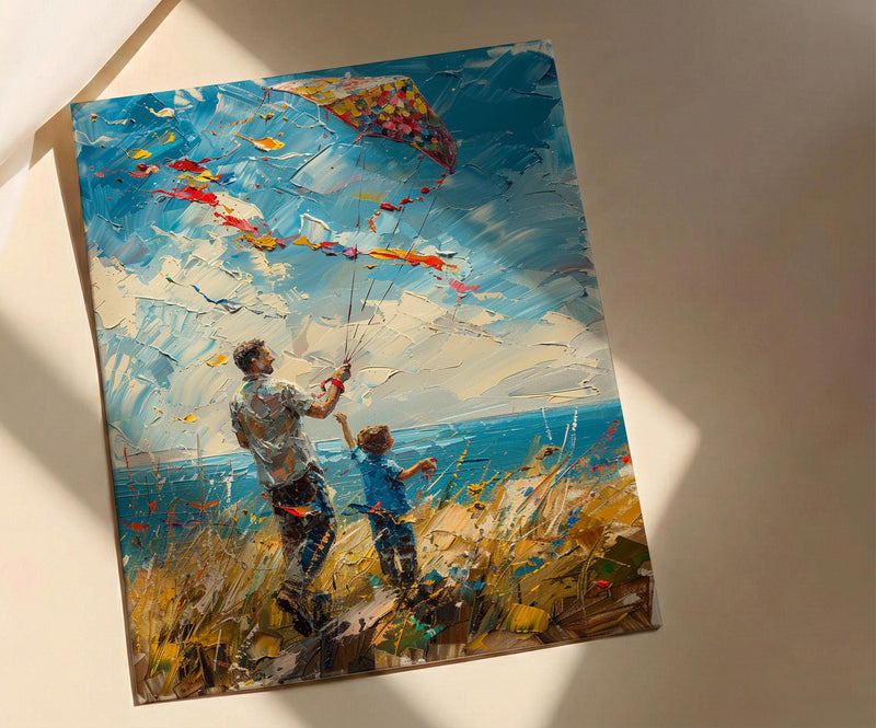 Flying A Kite Poster, Father And Son Decor - Windy Day Landscape Art