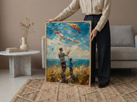 Flying A Kite Poster, Father And Son Decor - Windy Day Landscape Art