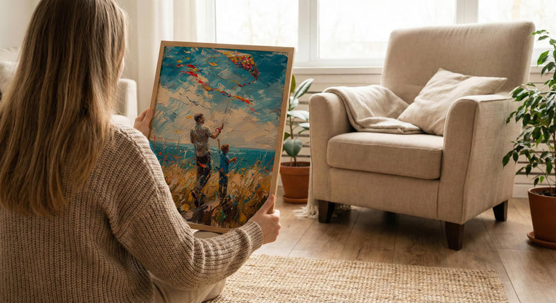 Flying A Kite Poster, Father And Son Decor - Windy Day Landscape Art