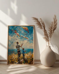 Flying A Kite Poster, Father And Son Decor - Windy Day Landscape Art