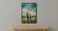 Flying A Kite Poster, Father And Son Decor - Windy Day Landscape Art