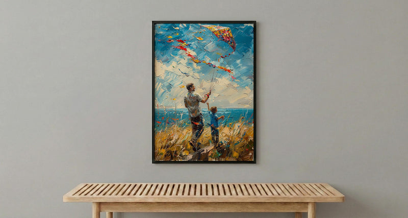Flying A Kite Poster, Father And Son Decor - Windy Day Landscape Art