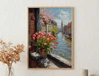 Amsterdam Window Wall Art, Canal House Decor - Red Tulip Spring Landscape