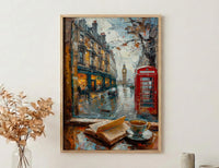London Window Poster, Phone Booth Wall Decor - Rainy Street Tea Landscape
