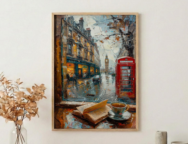 London Window Poster, Phone Booth Wall Decor - Rainy Street Tea Landscape