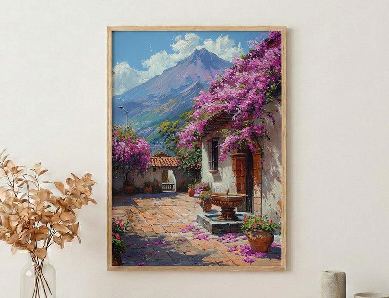 Antigua Art Print, Guatemala Spring Wall Decor - Bougainvillea Volcano