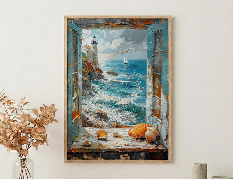 Mermaid Window Art Print, Stormy Ocean Wall Decor - Pearl Sea Shell Landscape