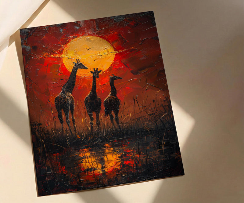 Giraffe Sunset Art Print, African Savanna Decor - Golden Grass Landscape