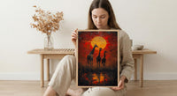 Giraffe Sunset Art Print, African Savanna Decor - Golden Grass Landscape