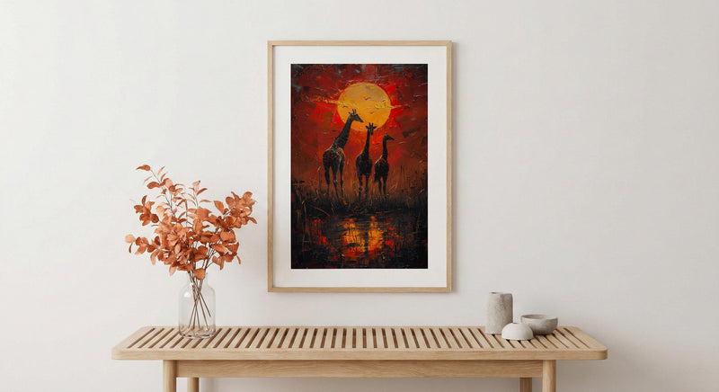 Giraffe Sunset Art Print, African Savanna Decor - Golden Grass Landscape