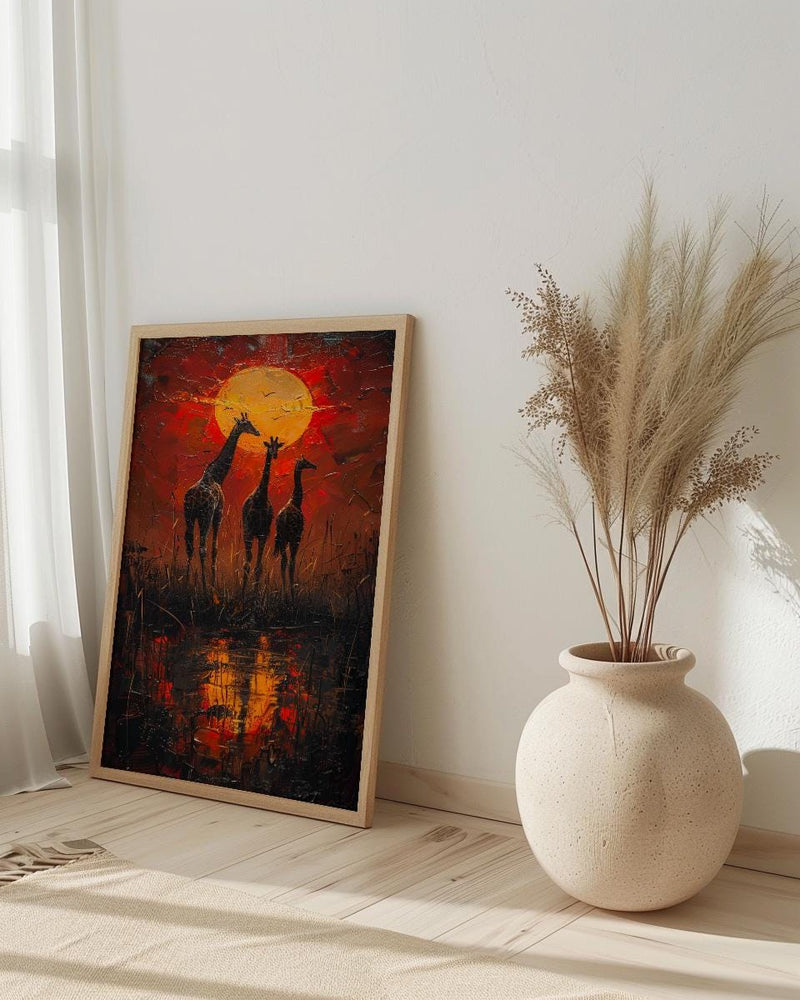 Giraffe Sunset Art Print, African Savanna Decor - Golden Grass Landscape