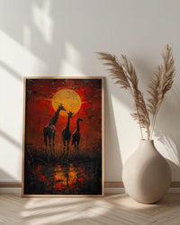 Giraffe Sunset Art Print, African Savanna Decor - Golden Grass Landscape