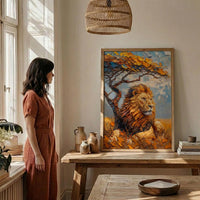 African Lion Wall Art, Acacia Tree Decor - Summer Savanna Landscape