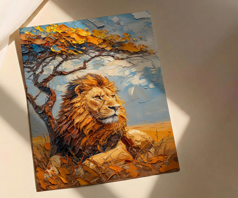 African Lion Wall Art, Acacia Tree Decor - Summer Savanna Landscape