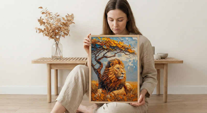 African Lion Wall Art, Acacia Tree Decor - Summer Savanna Landscape