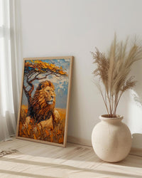 African Lion Wall Art, Acacia Tree Decor - Summer Savanna Landscape