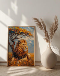 African Lion Wall Art, Acacia Tree Decor - Summer Savanna Landscape