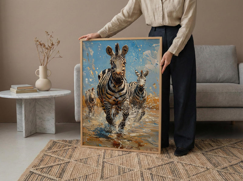 Zebra Herd Poster, African River Decor - Summer Wildlife Art