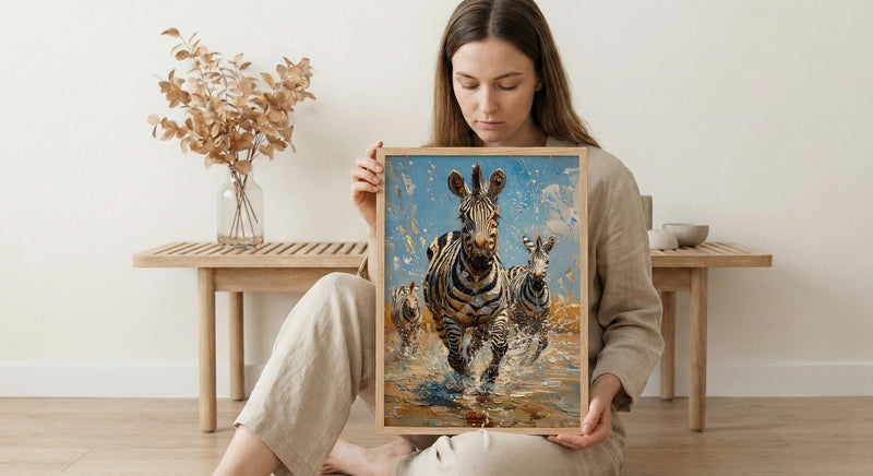 Zebra Herd Poster, African River Decor - Summer Wildlife Art