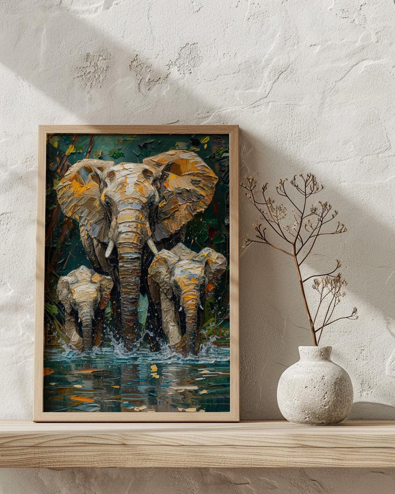 African Elephant Art Print, Lush Lake Decor - Summer Nature Landscape