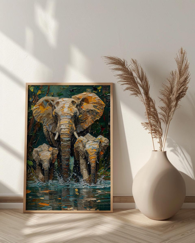 African Elephant Art Print, Lush Lake Decor - Summer Nature Landscape
