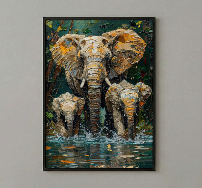 African Elephant Art Print, Lush Lake Decor - Summer Nature Landscape
