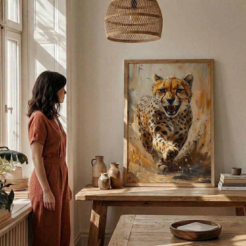 Running Cheetah Poster, African Plains Wall Decor - Dynamic Wildlife Art