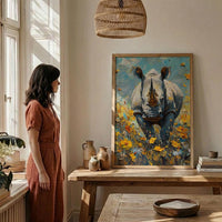 African Rhino Art Print, Blooming Meadow Decor - Summer Floral Landscape