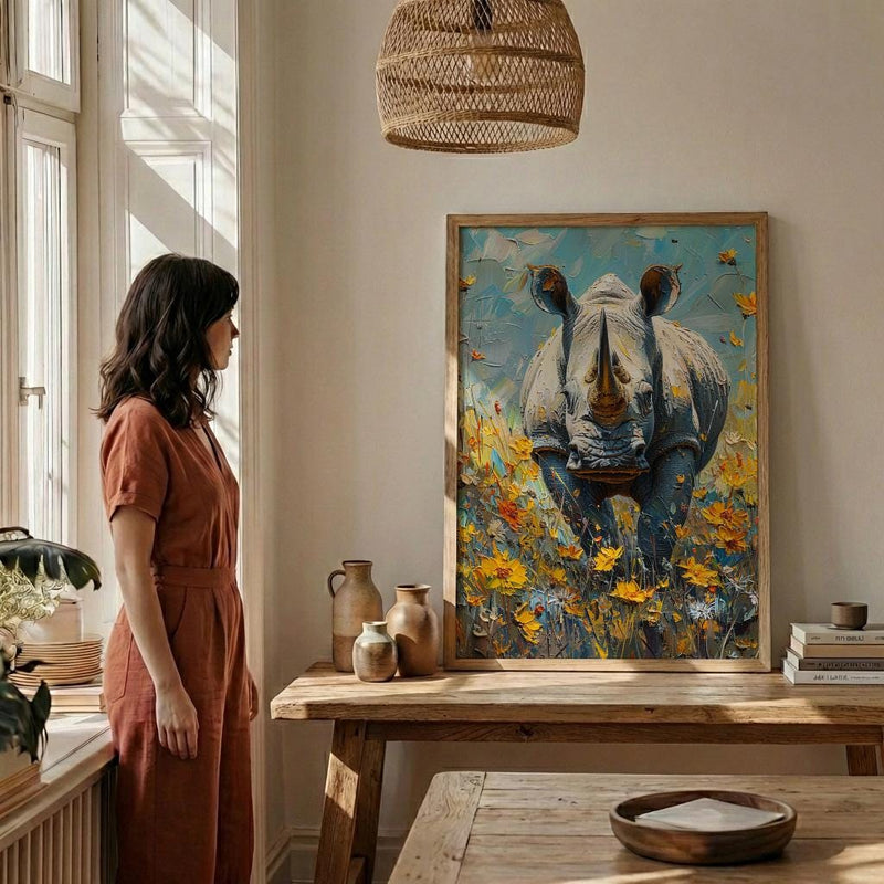 African Rhino Art Print, Blooming Meadow Decor - Summer Floral Landscape