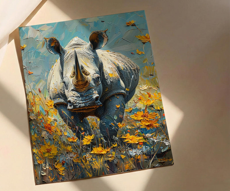 African Rhino Art Print, Blooming Meadow Decor - Summer Floral Landscape