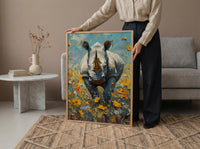African Rhino Art Print, Blooming Meadow Decor - Summer Floral Landscape