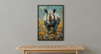 African Rhino Art Print, Blooming Meadow Decor - Summer Floral Landscape