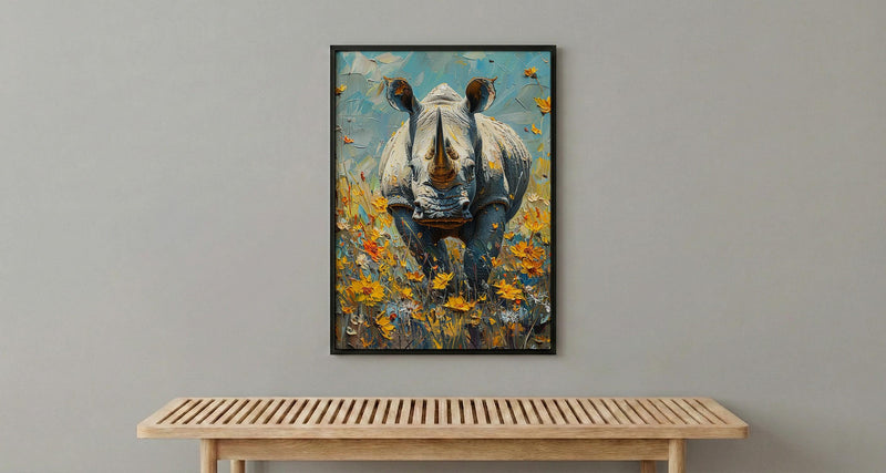 African Rhino Art Print, Blooming Meadow Decor - Summer Floral Landscape