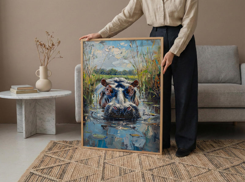 African Hippo Poster, River Reeds Decor - Green Nature Landscape