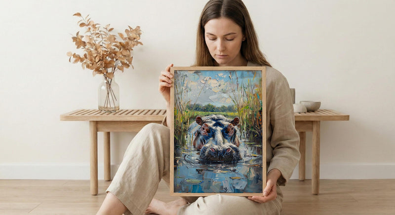 African Hippo Poster, River Reeds Decor - Green Nature Landscape