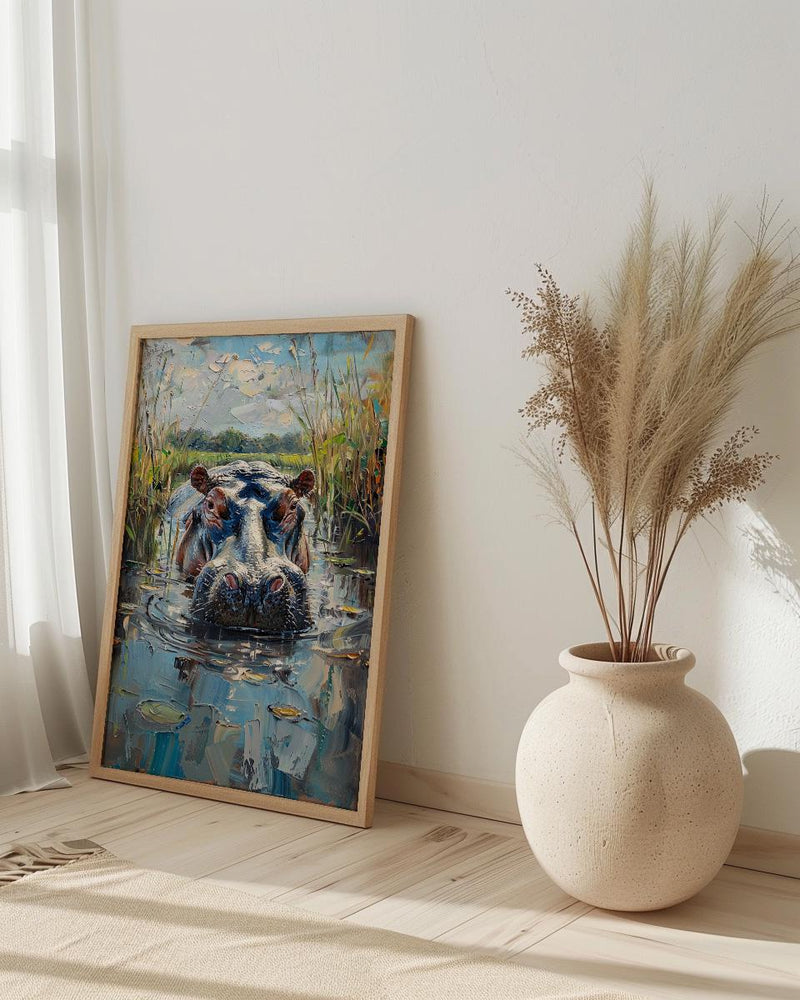 African Hippo Poster, River Reeds Decor - Green Nature Landscape