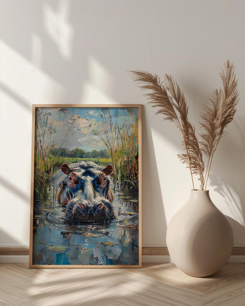 African Hippo Poster, River Reeds Decor - Green Nature Landscape