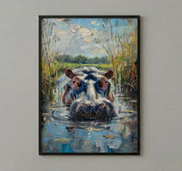 African Hippo Poster, River Reeds Decor - Green Nature Landscape