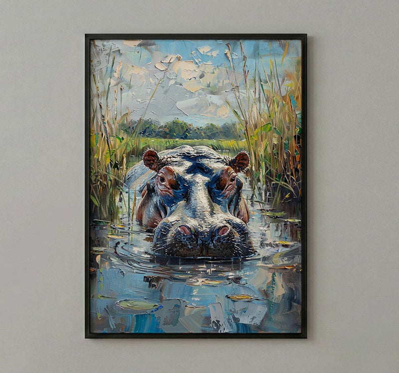 African Hippo Poster, River Reeds Decor - Green Nature Landscape