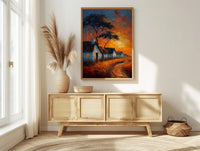 Savanna Village Wall Art, African Hut Decor - Summer Sunset Landscape
