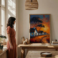 Savanna Village Wall Art, African Hut Decor - Summer Sunset Landscape
