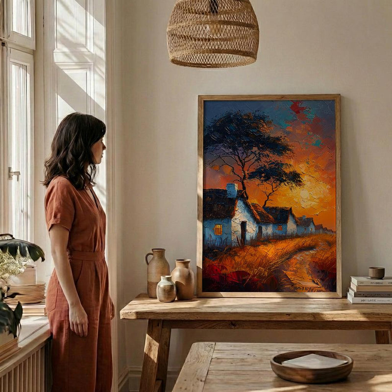 Savanna Village Wall Art, African Hut Decor - Summer Sunset Landscape