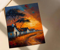 Savanna Village Wall Art, African Hut Decor - Summer Sunset Landscape